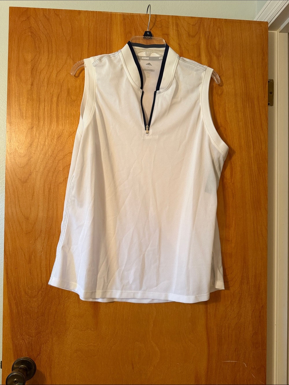 NWT adidas White Sleeveless Zip Golf Polo with Navy Trim